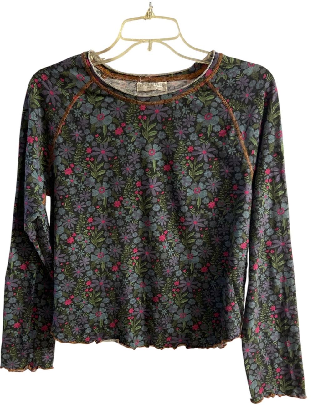 Natural Life Lily Floral Print Long Sleeve Crewneck Lettuce Trim Top Large